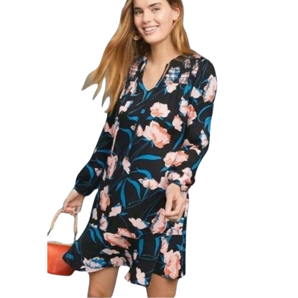Maeve by Anthropologie Floral Long Sleeve Ragonda Tunic Dress Knee Length Sz 2